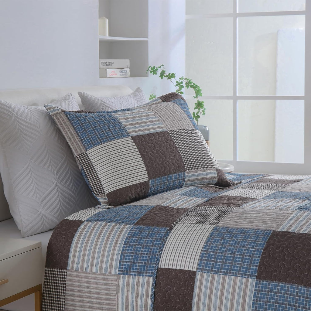 Finlonte Quilt King Size - 100% Cotton Plaid King Size Comforter Set Farmhouse Modern Quilt Bedding Set, Reversible Lightweight Soft Bedspread, Blue Brown Quilted Coverlet All-Season, 3-Piece
