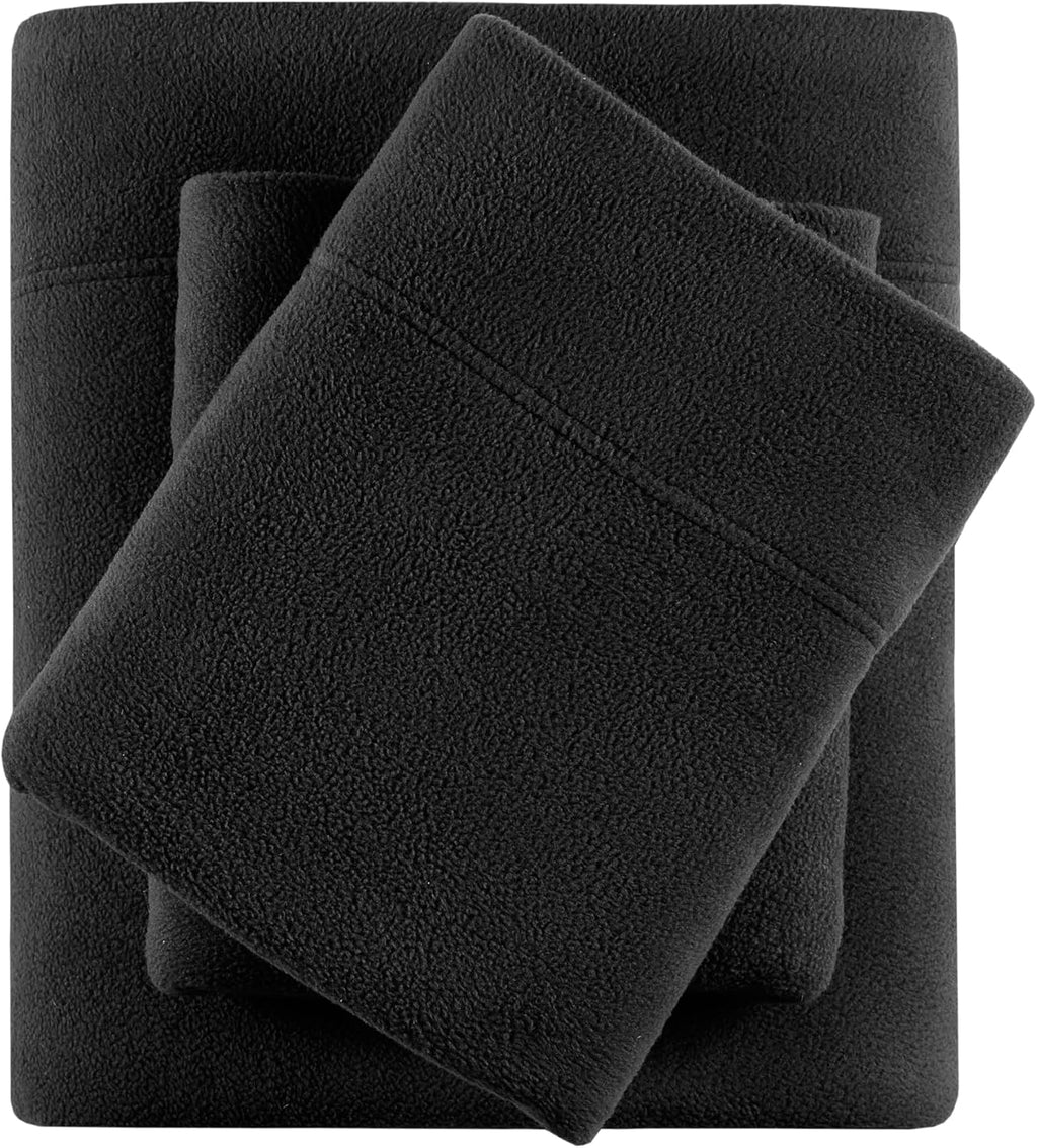 True North by Sleep Philosophy Micro Fleece Bed Sheet Set, Warm, Sheets with 14' Deep Pocket, for Cold Season Cozy Sheet-Set, Matching Pillow Case, Cal King, Black, 4 Piece