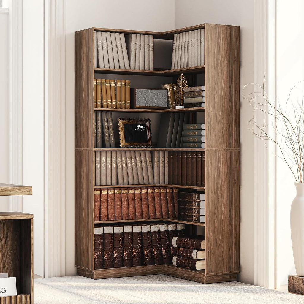 Corner Book Shelf, 6 Tier 73 Inch Tall Corner Bookshelf with Open Storage, Wood L Shaped Bookcase Storage Display Rack for Home Office, Black Walnut