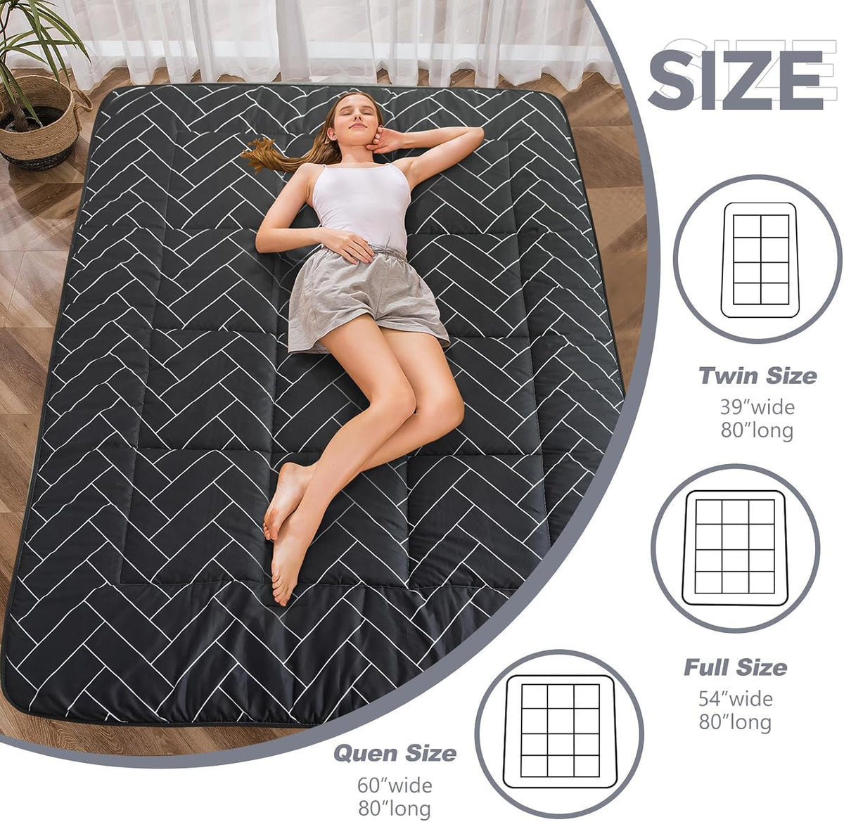 MAXYOYO Black Geometric Pattern Futon Mattress, Japanese Floor Mattress Quilted Mattress Topper, Extra Thick Folding Sleeping Pad Breathable Floor Lounger Guest Couch for Camping, Full