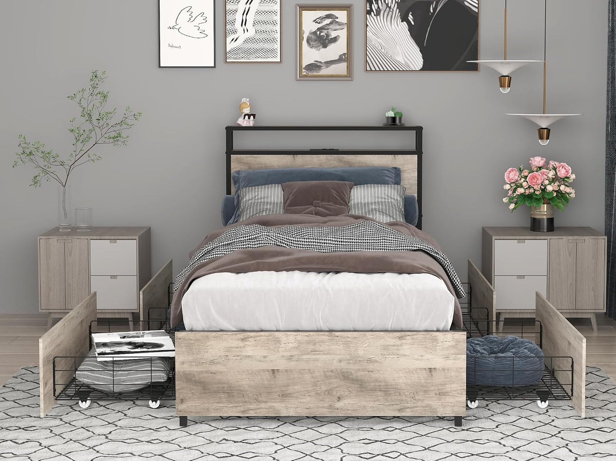 Twin Bed Frame with 4 Storage Drawers,Storage Headboard with Charging Station, Solid and Stable, Noise Free, No Box Spring Needed, Easy Assembly,Gray (Twin)