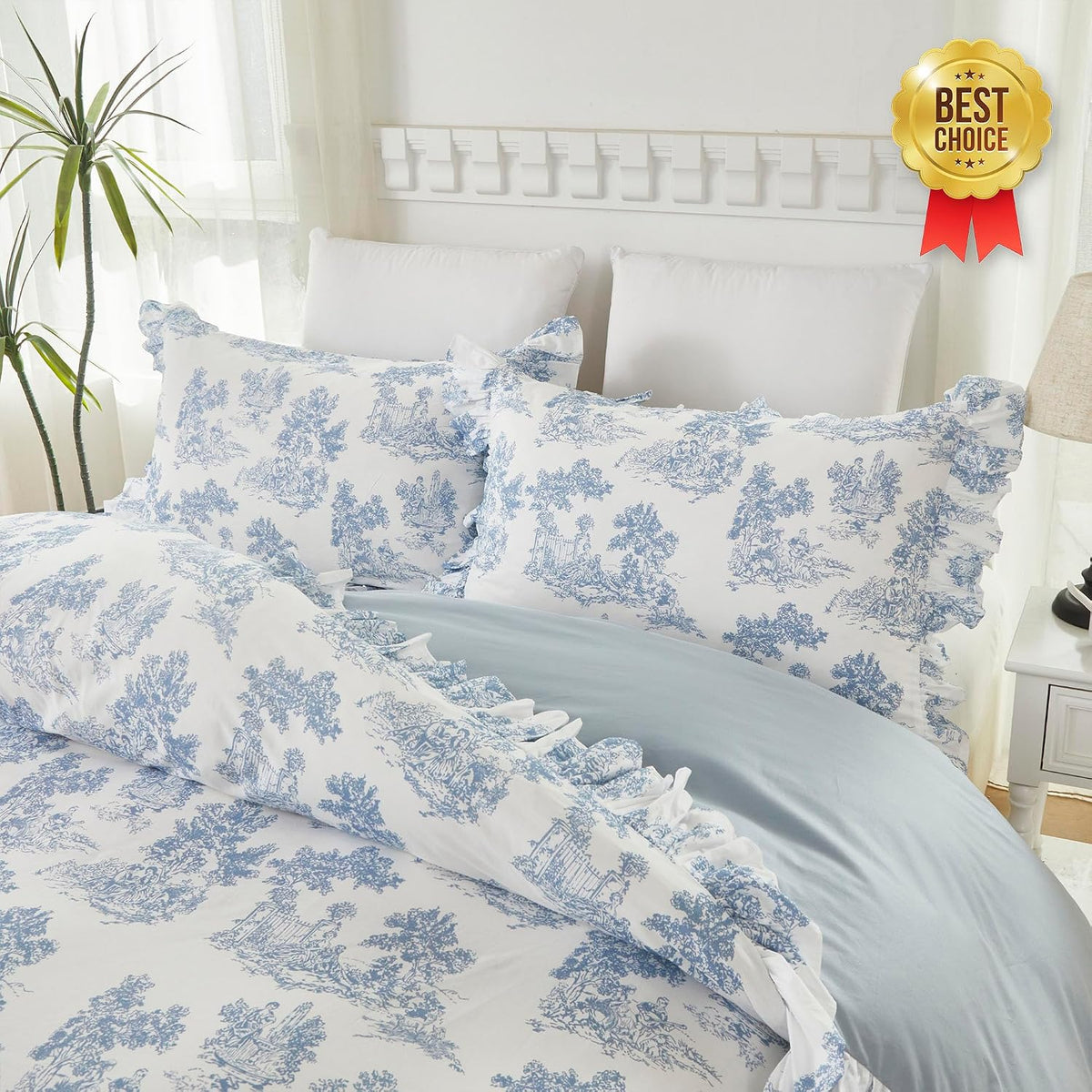 Brandream French Toile Duvet Cover Queen Size 100% Cotton Bedding Set Pastoral Toile Cottagecore Grandmillennial Tapestry Pattern Garden Floral Blossom Tree Delicate Ruffle Fringe Design, Blue
