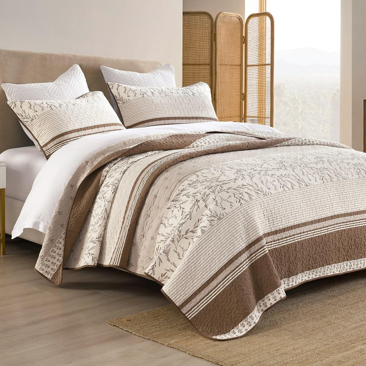 DDUOXIN 100% Cotton King Quilt - Modern Stripe Botanical Quilts with 2 Pillow Shams, Bedspread Reversible Lightweight Thin Comforter Bedding Set for All Seasons, Beaver Fur/Gray Morn/Whisper White