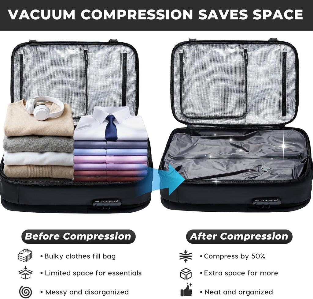 BANGE Vacuum-Seal Travel Backpack with Pump and Vacpack Compression System, Water Resistant Large Carry-On Backpack with Laptop Compartment and TSA Lock - Flight Approved, Black (With Air Pump)