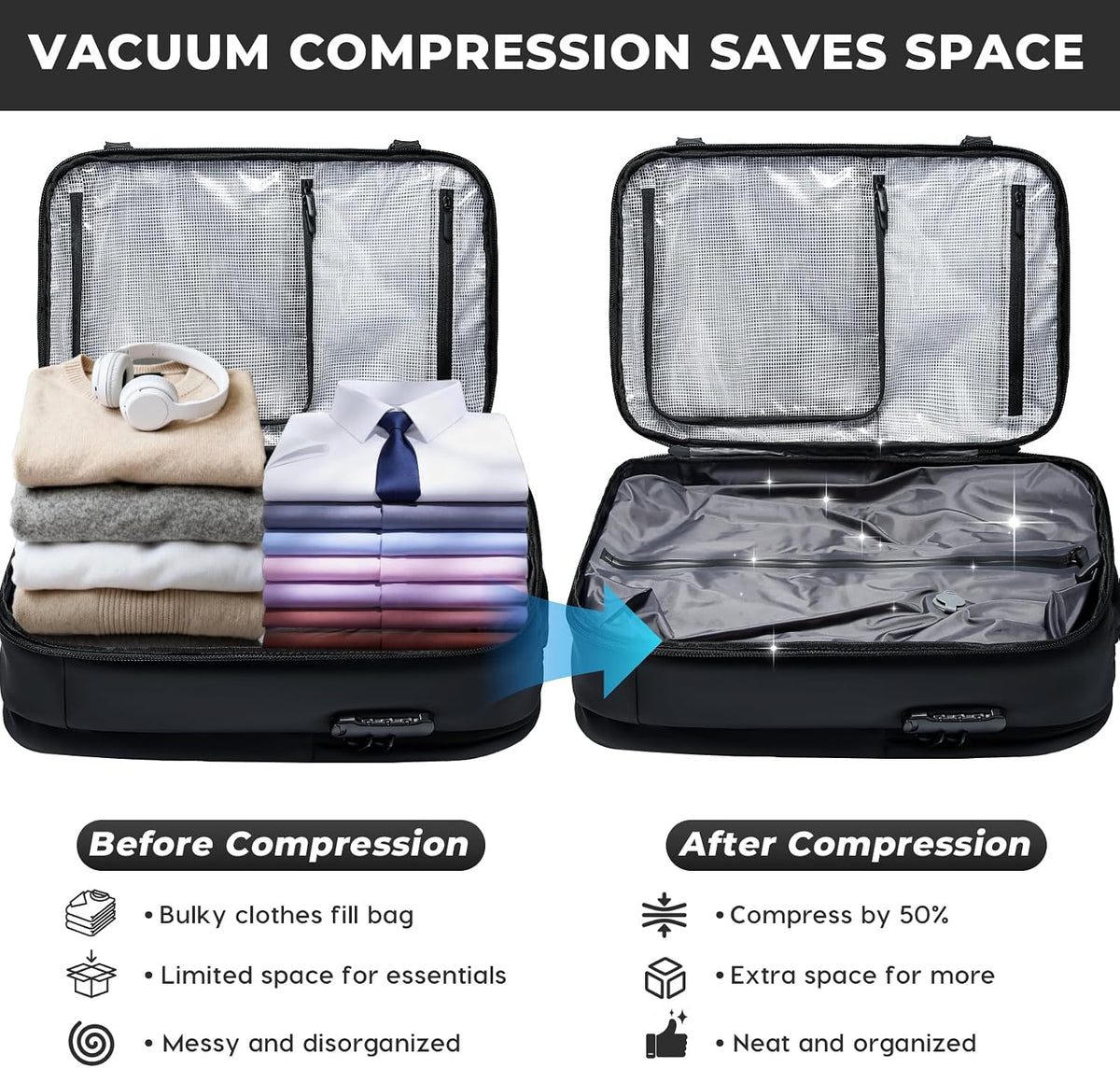 BANGE Vacuum-Seal Travel Backpack with Pump and Vacpack Compression System, Water Resistant Large Carry-On Backpack with Laptop Compartment and TSA Lock - Flight Approved, Black (With Air Pump)