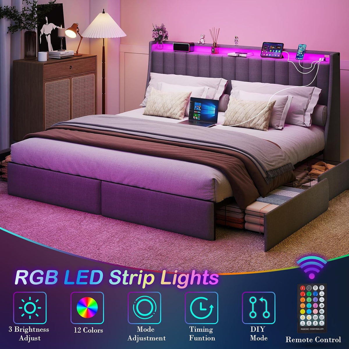 Doltoro Full Size Bed Frame with Headboard and 4 Storage Drawers, Upholstered Wingback Metal Platform Bed with LED Lights and Charging Station, No Box Spring Needed, Noise Free, Easy Assembly, Gray