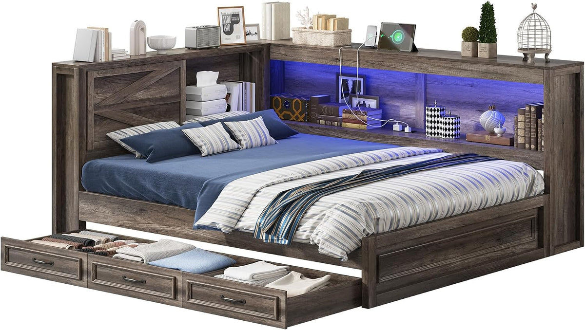 Jocisland Twin Corner Bed Frame with Storage Drawers and Bookcase Headboard, Charging Station and Led Lights, Farmhouse Wood Daybed for Kids Teens, No Box Spring Needed, Grey