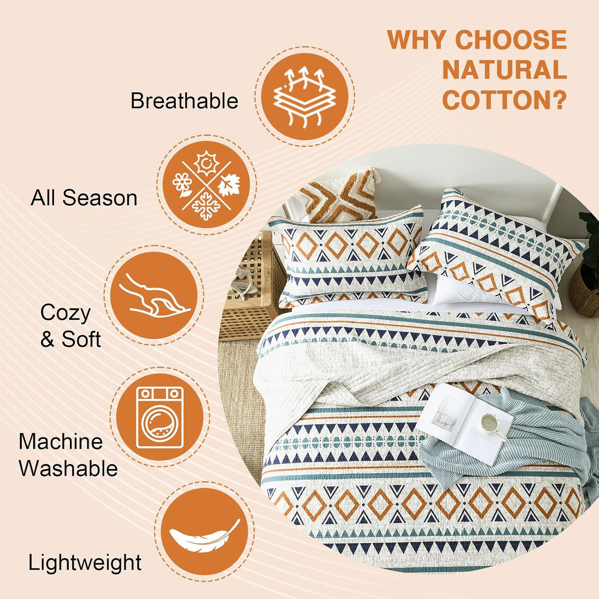 EWlinens Boho King Quilt Set - 100% Cotton Burnt Orange Quilts King Size, Bohemian Blue Lightweight Comforter Bedspread for King Bed, Soft Striped Geometric Quilt Bedding Set for All Season, 3 Pieces