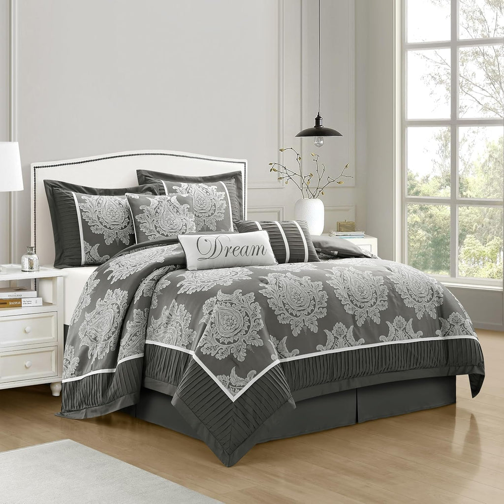 Grand Avenue Grey 7PC Comforter Set King Size, Jacquard with Matching Solid Piecework Bedding Set, All Season, Bedskirt, Pillows & Shams