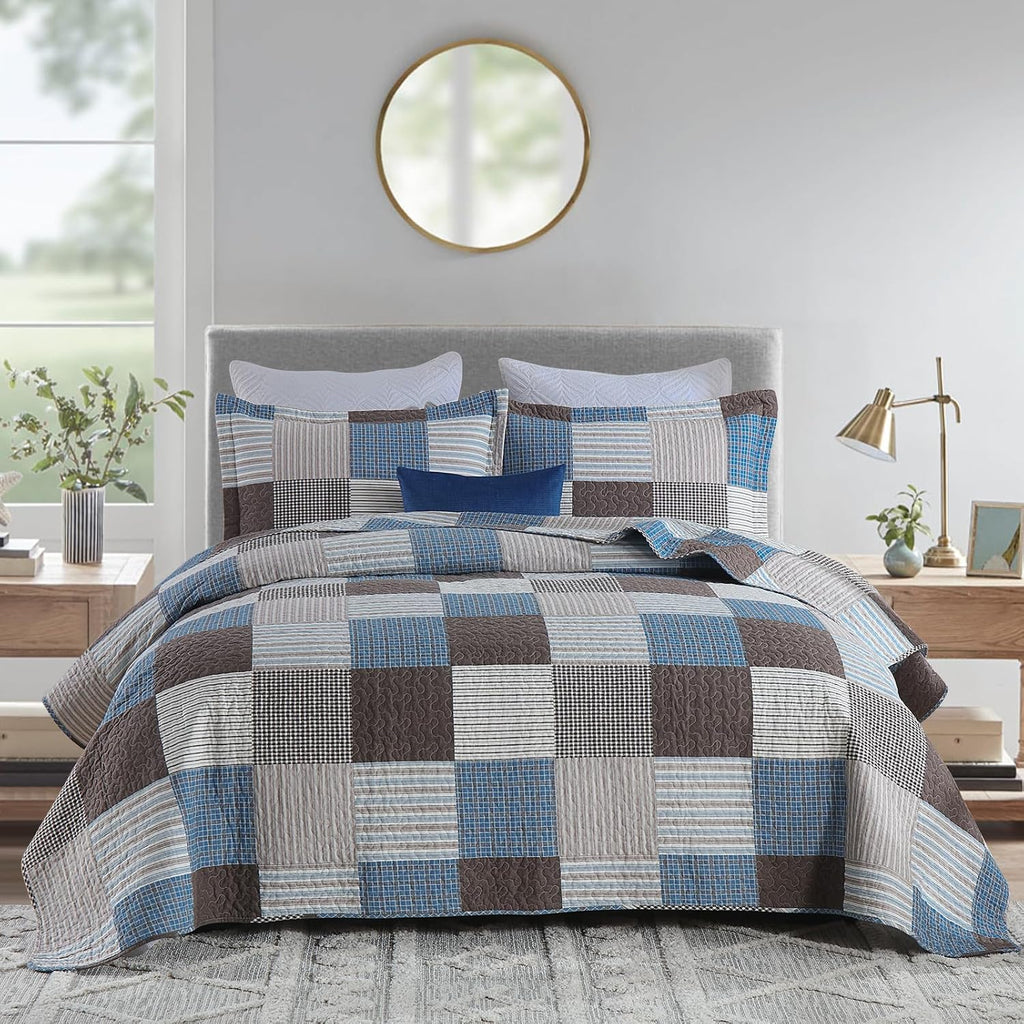 Finlonte Quilt King Size - 100% Cotton Plaid King Size Comforter Set Farmhouse Modern Quilt Bedding Set, Reversible Lightweight Soft Bedspread, Blue Brown Quilted Coverlet All-Season, 3-Piece