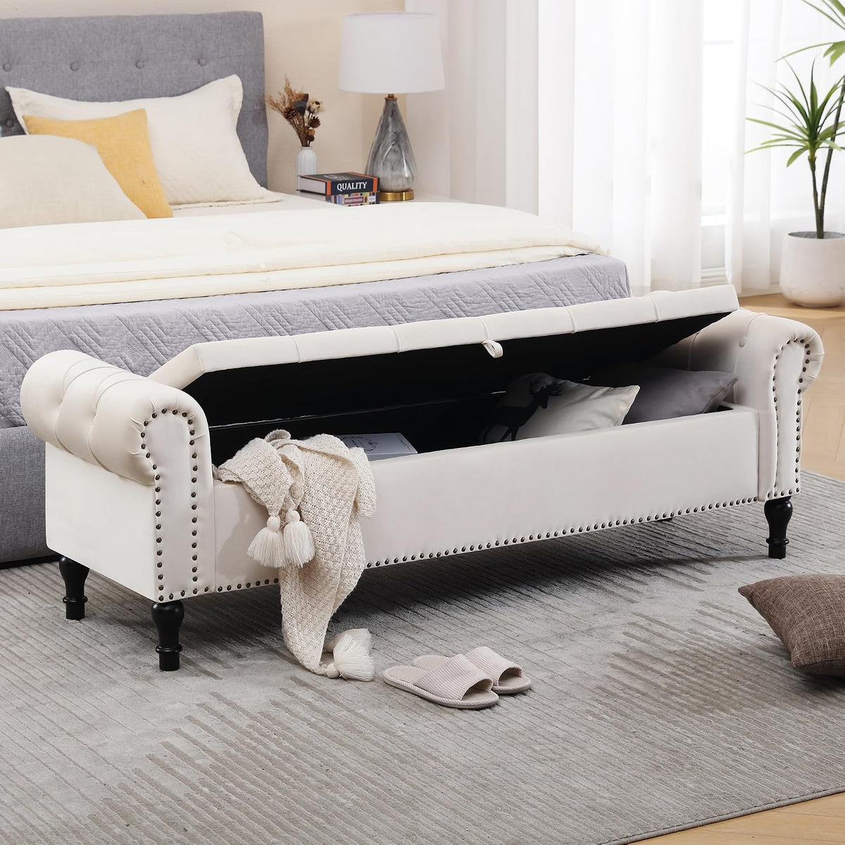 Velvet Storage Bench 67 Inch Upholstered Tufted Ottoman Bench with Arms Large Storage Space King Size End of Bed Benches for Bedroom Living Room Entryway Beige