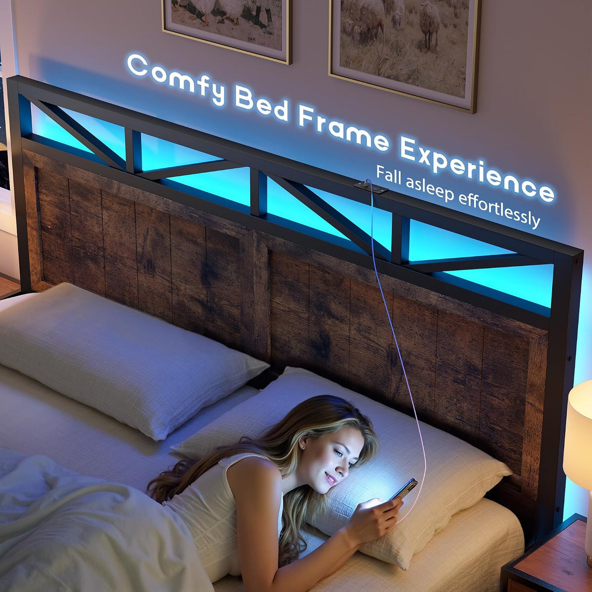 EnHomee Full Size Bed Frame with Headboard, 2 Large Drawers Platform Bed with LED Lights and Built-in Charging Station, No Box Spring Needed, Noise-Free Metal Bed for Bedroom, Brown