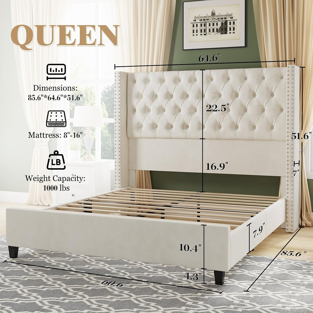 Jocisland Queen Size Bed Frame with 51.6' Wingback Tufted Velvet Headboard, Modern Upholstered Platform Bed, No Box Spring Needed, Easy Assembly, Cream