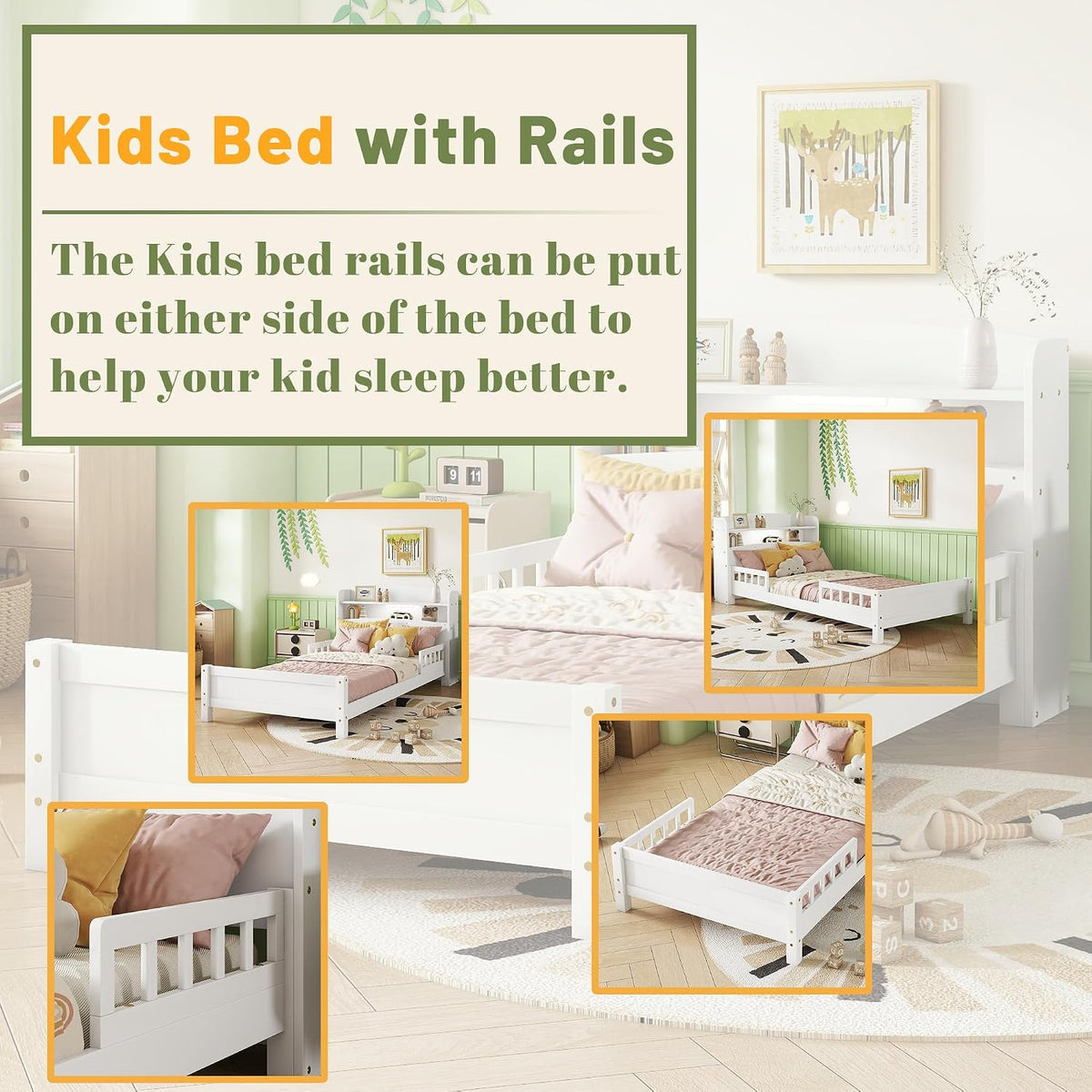 Twin Size Kids Bed, Twin Bed with Storage Bookcase & Headboard, Bed Frames with Rails & LED Motion Sensor Light, for Bedroom, for Boys & Girls, White