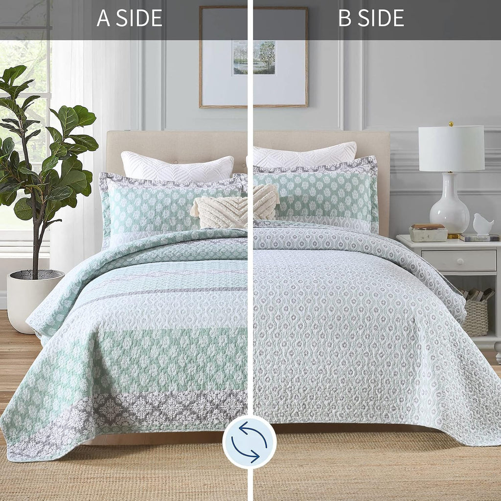 SahSahCasa Quilt King Size, King Quilt Set, 100% Cotton Floral Quilt, King Quilt Bedding Set Bedspreads, Patchwork Reversible Lightweight Comforter Bed Spread for All Season, Green/Gray