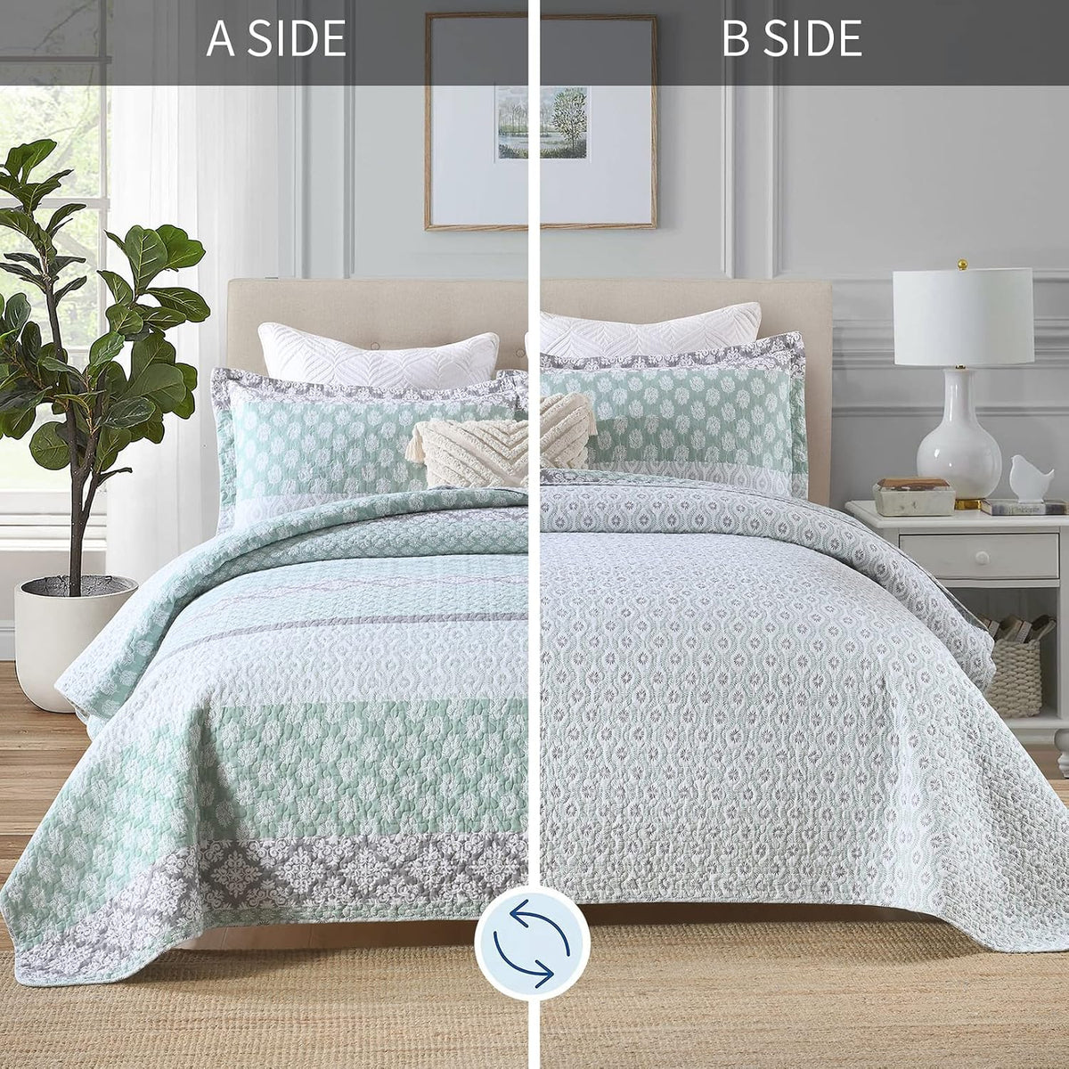 SahSahCasa Quilt King Size, King Quilt Set, 100% Cotton Floral Quilt, King Quilt Bedding Set Bedspreads, Patchwork Reversible Lightweight Comforter Bed Spread for All Season, Green/Gray