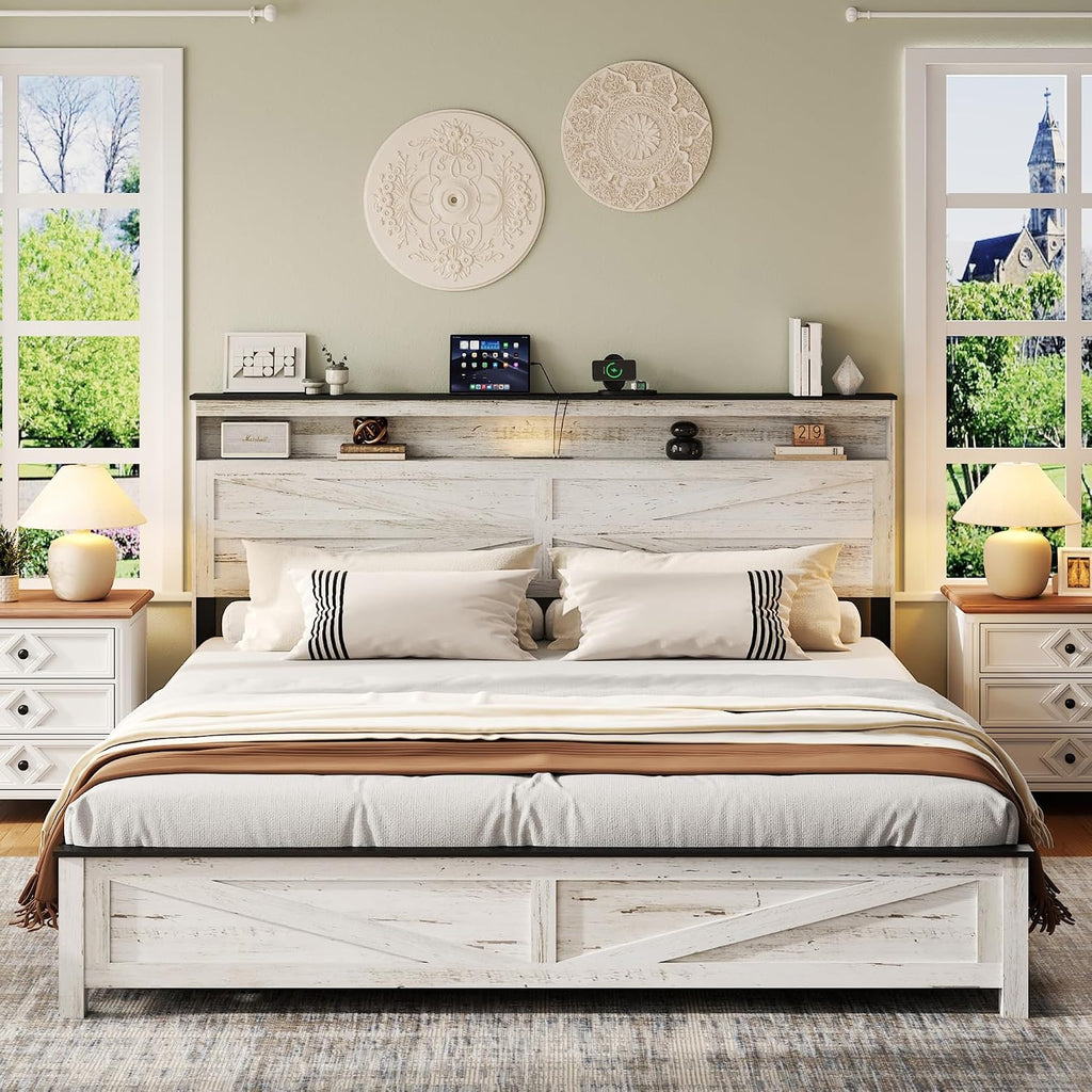 Farmhouse King Size Bed Frame with Headboard Storage Shelf, Wood Platform Bed Frame with LED Lights & Charging Station, Rustic White Metal Bed, No Box Spring Needed, Noise-Free Sturdy Structure