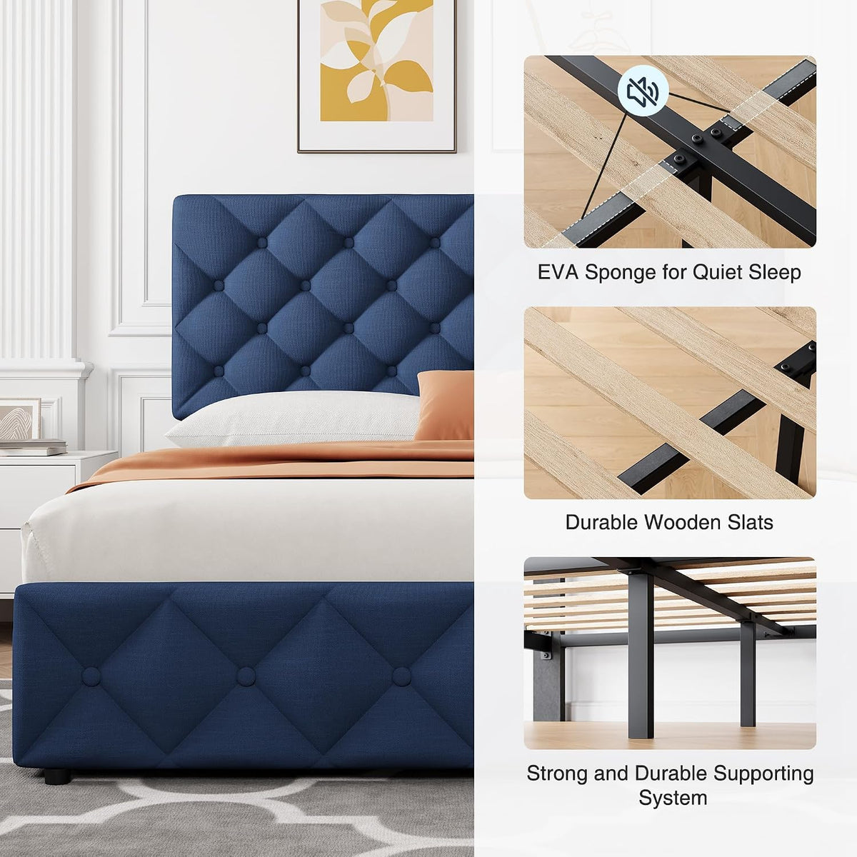 GarveeHome King Size Bed Frame with 4 Storage Drawers and Adjustable Headboard, Linen Upholstered Platform Beds, Diamond Stitched Button Tufted, No Box Spring Needed, Blue