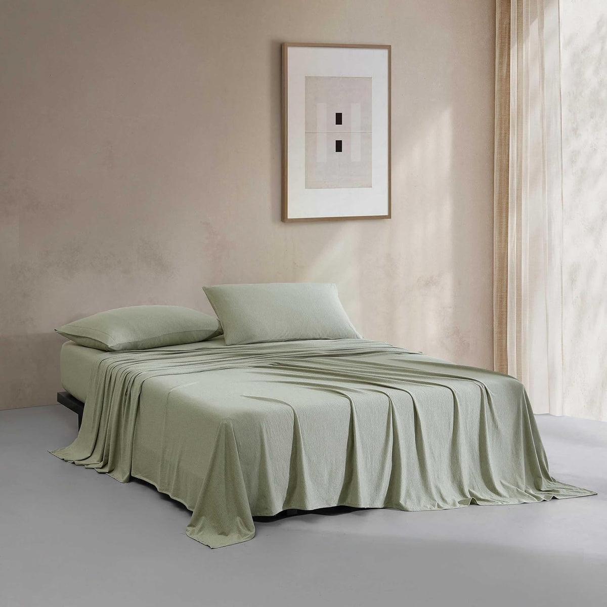 Calvin Klein - Queen Size Sheets Set, Naturally Soft Cotton-Blend Melange Jersey Bedding - Bed Sheets with Matching Pillowcases & Fitted Sheet (Modern Cotton Green)