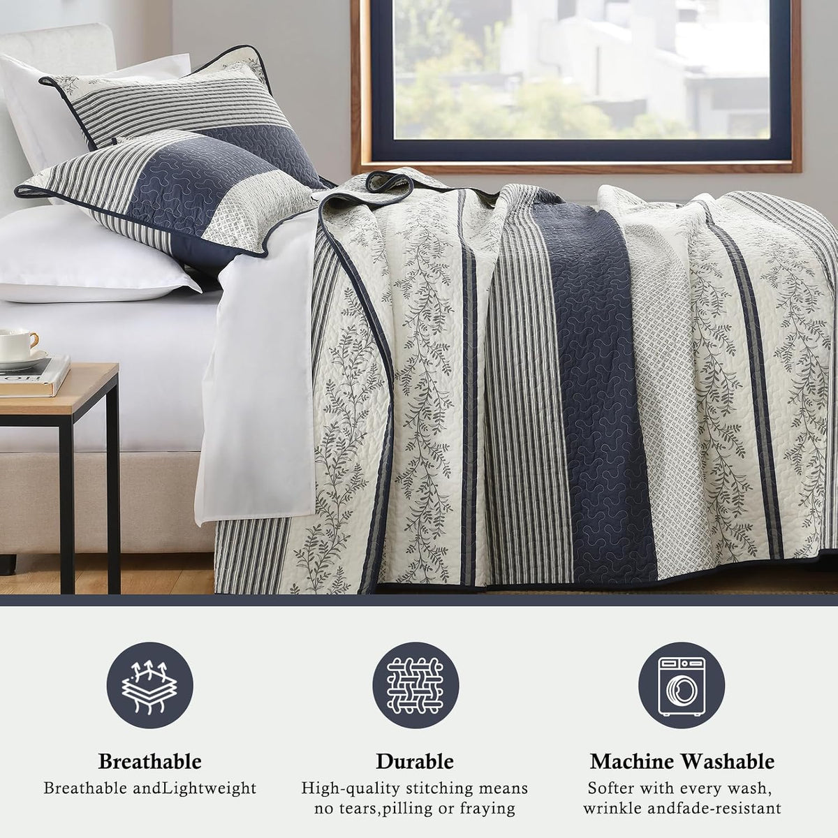 Stripe Quilt King Size - 100% Cotton Lightweight King Quilt Bedding Set, Vintage Vine Pattern Quilted Bedspread with 2 Pillow Shams, Farmhouse Printed Bed Coverlet for All Season, Navy/Gray