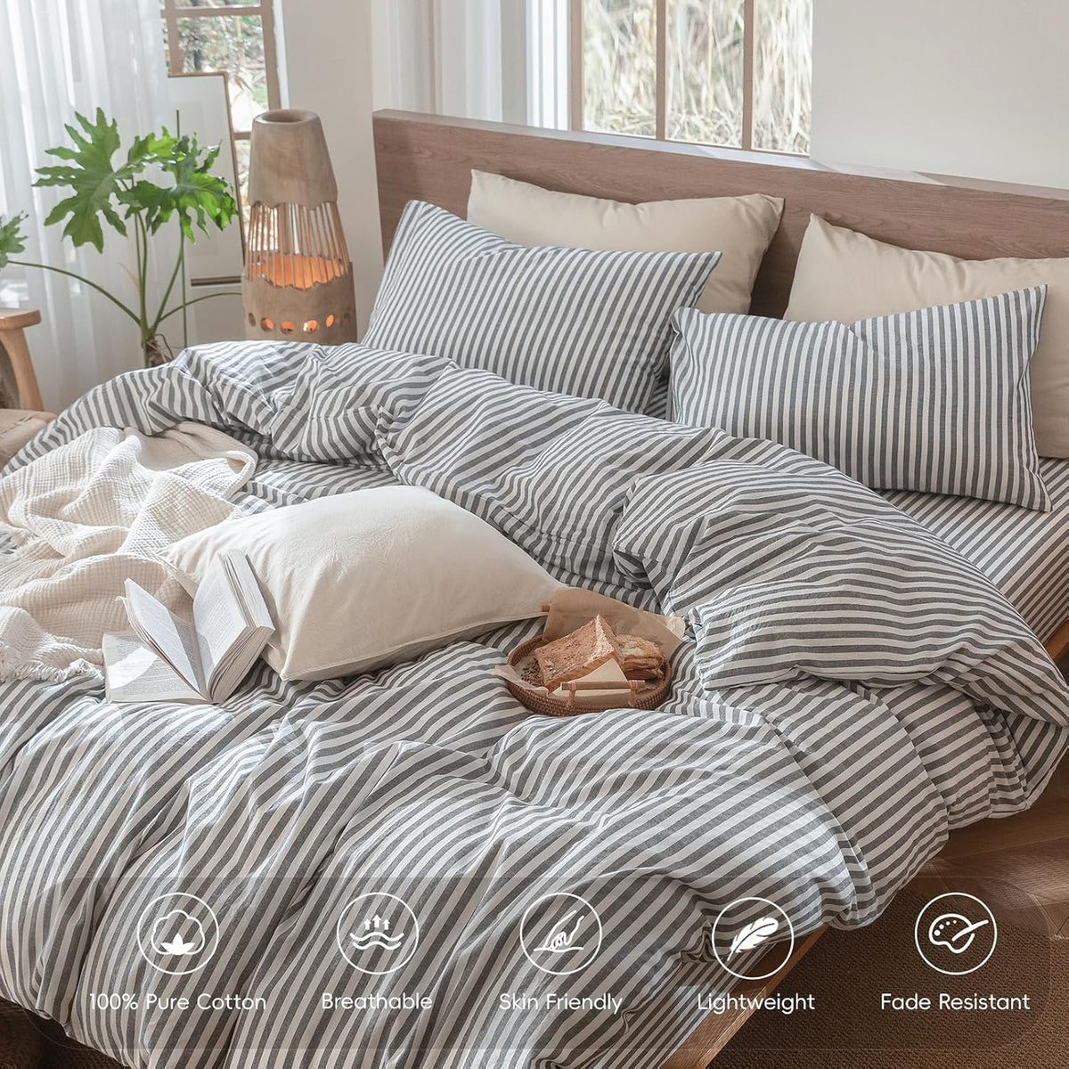 MooMee Striped Duvet Cover Set 100% Washed Cotton Linen Like Textured Breathable Durable Soft Comfy (Dark Grey White Classic Stripes, Palatial King/Oversized King 120'x98')