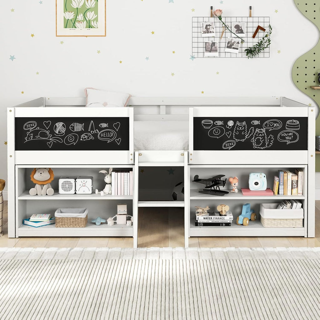 Giantex Low Loft Bed Twin Size, Wooden Loft Bed with Ladder & Blackboard, Twin Bed Frames for Kids with Storage 2 Bookcases and Play Space, White