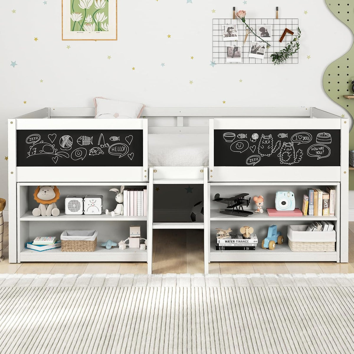 Giantex Low Loft Bed Twin Size, Wooden Loft Bed with Ladder & Blackboard, Twin Bed Frames for Kids with Storage 2 Bookcases and Play Space, White