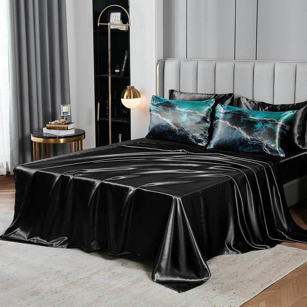 Bedorm Blue Marble Comforter Set Queen Silky Satin Bed in A Bag Black Marble Stone Abstract Texture Silk Like Black Satin Bedding Set with Comforter and Sheet Set