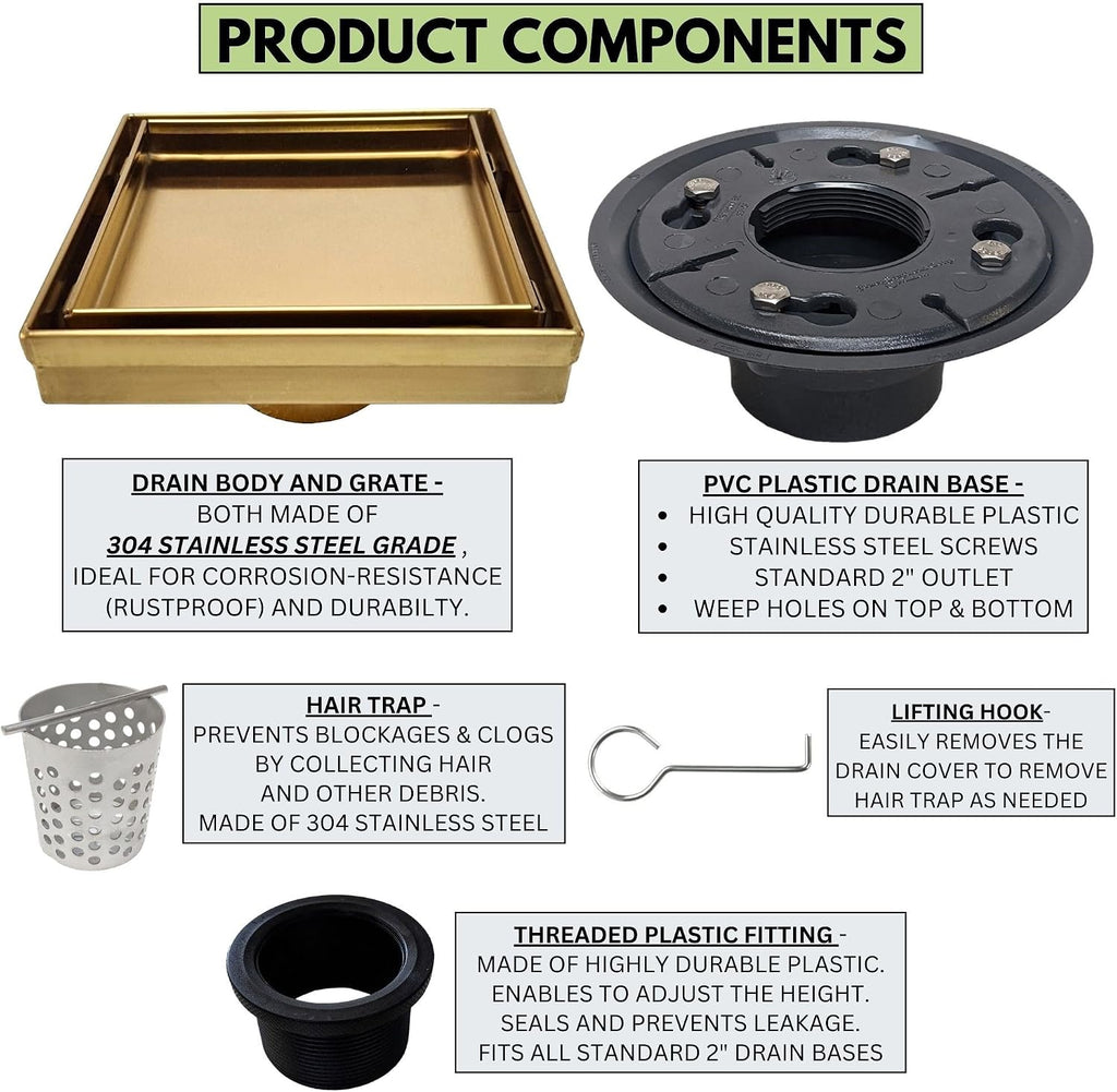 SereneDrains 304 Stainless Steel Tile in Square Brushed Gold Shower Drain Kit with A Base Hair Catcher Strainer Grate Brass Cover Bathroom Floor Insert (Matte Gold, PVC Plastic)