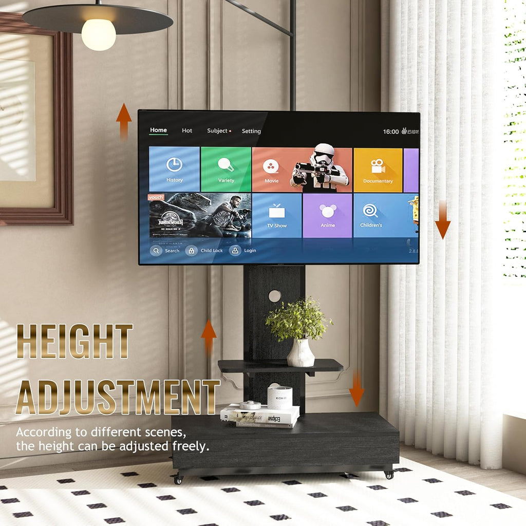TV Stand with Sliding Drawer, Floor Stand with Lockable Wheel Mount, 32-75 Inch Mobile TV Cart for Living Room, Bedroom, Office