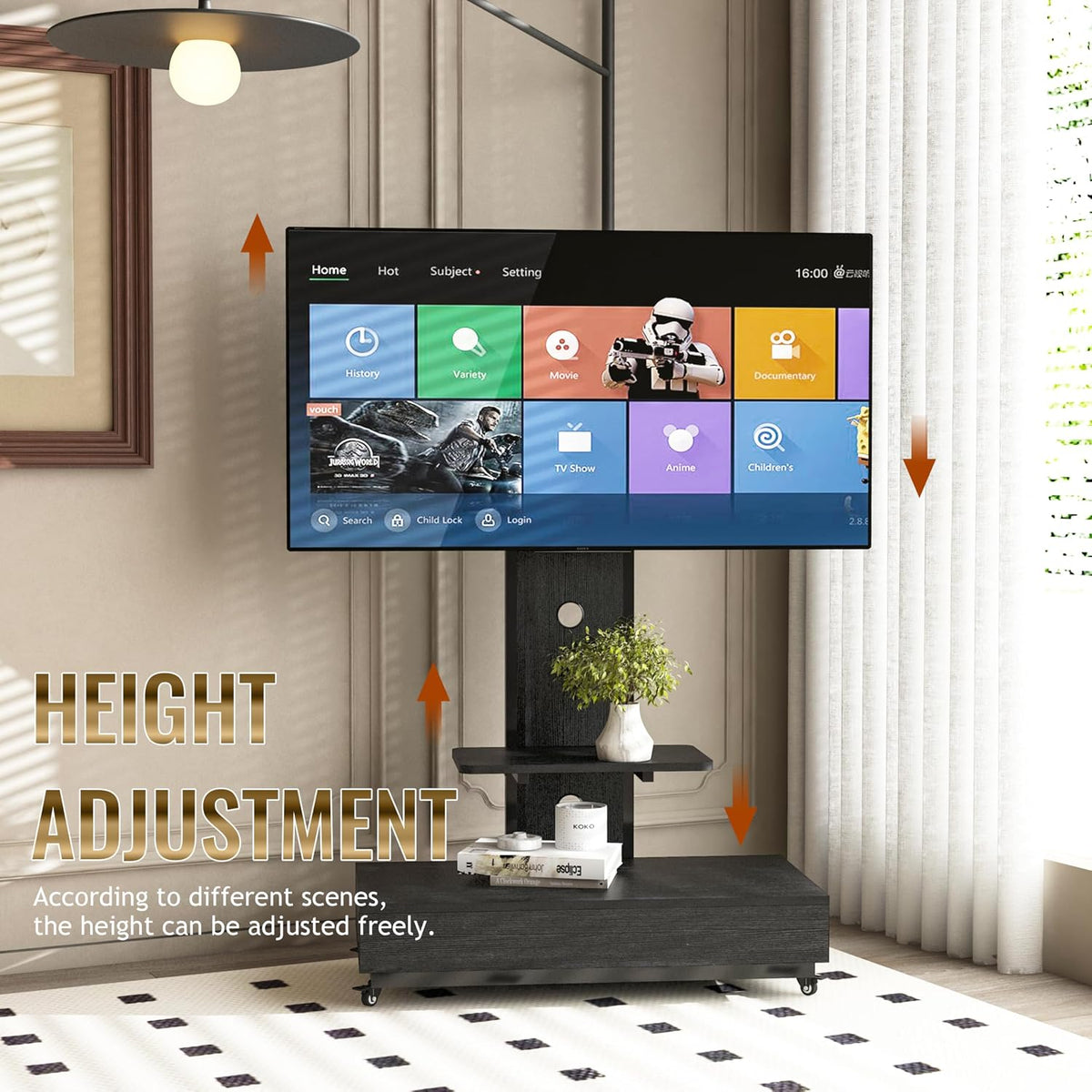 TV Stand with Sliding Drawer, Floor Stand with Lockable Wheel Mount, 32-75 Inch Mobile TV Cart for Living Room, Bedroom, Office
