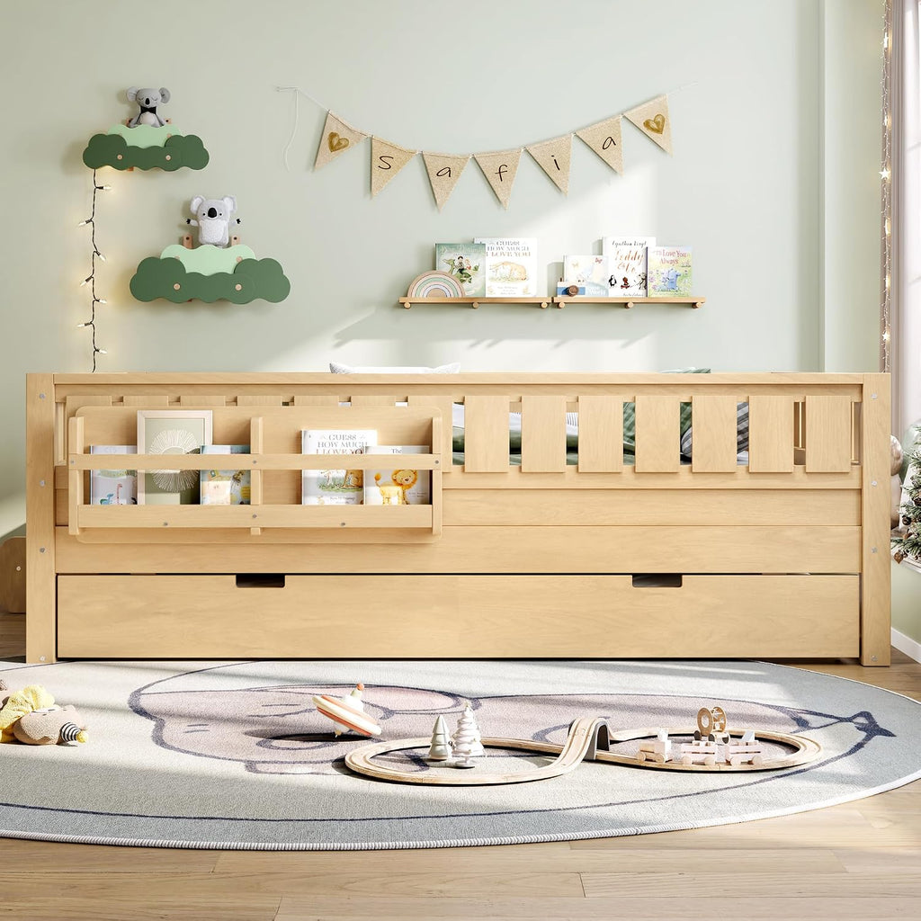 Bellemave Full Bed with Trundle and Stairs, Full Size Platform Bed Frame with Fence and Bookshelf, Easy Assemble Beds for Kids, Girls, Boys, Light Natural