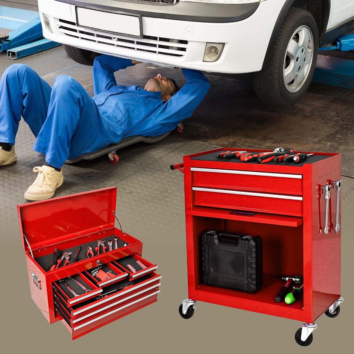 8-Drawer Tool Chest,Rolling Tool Box with Detachable Top Toolbox & Key Lock,Tool Cabinet with Universal Lockable Wheels,Lock Bar,Protective Liner,Metal Storage Cart for Garage,Workshop (Red)