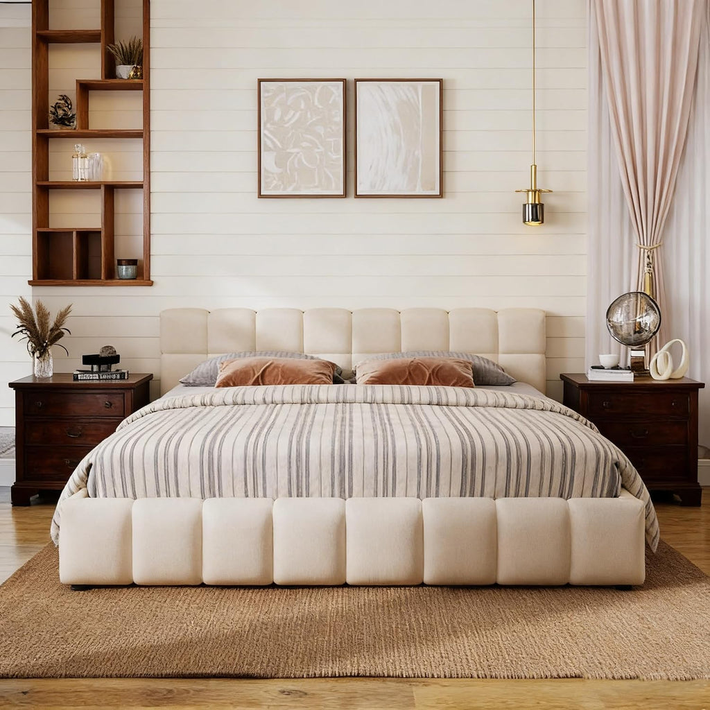 JIJIWANG Elegant Queen Size Upholstered Platform Bed，Boucle Ground Platform Bed with Checkerboard Design Thick Headboard and Footboard, Block Style, Beige
