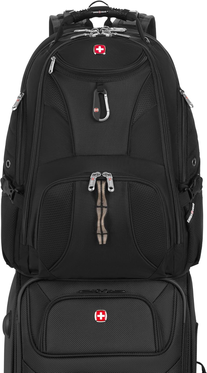 SWISSGEAR Sion 2-Piece Travel Set, Softside Expandable Carry-On Spinner Bundled with 1900 ScanSmart 17' Laptop Backpack with RFID Blocking & Tech Organization, Black