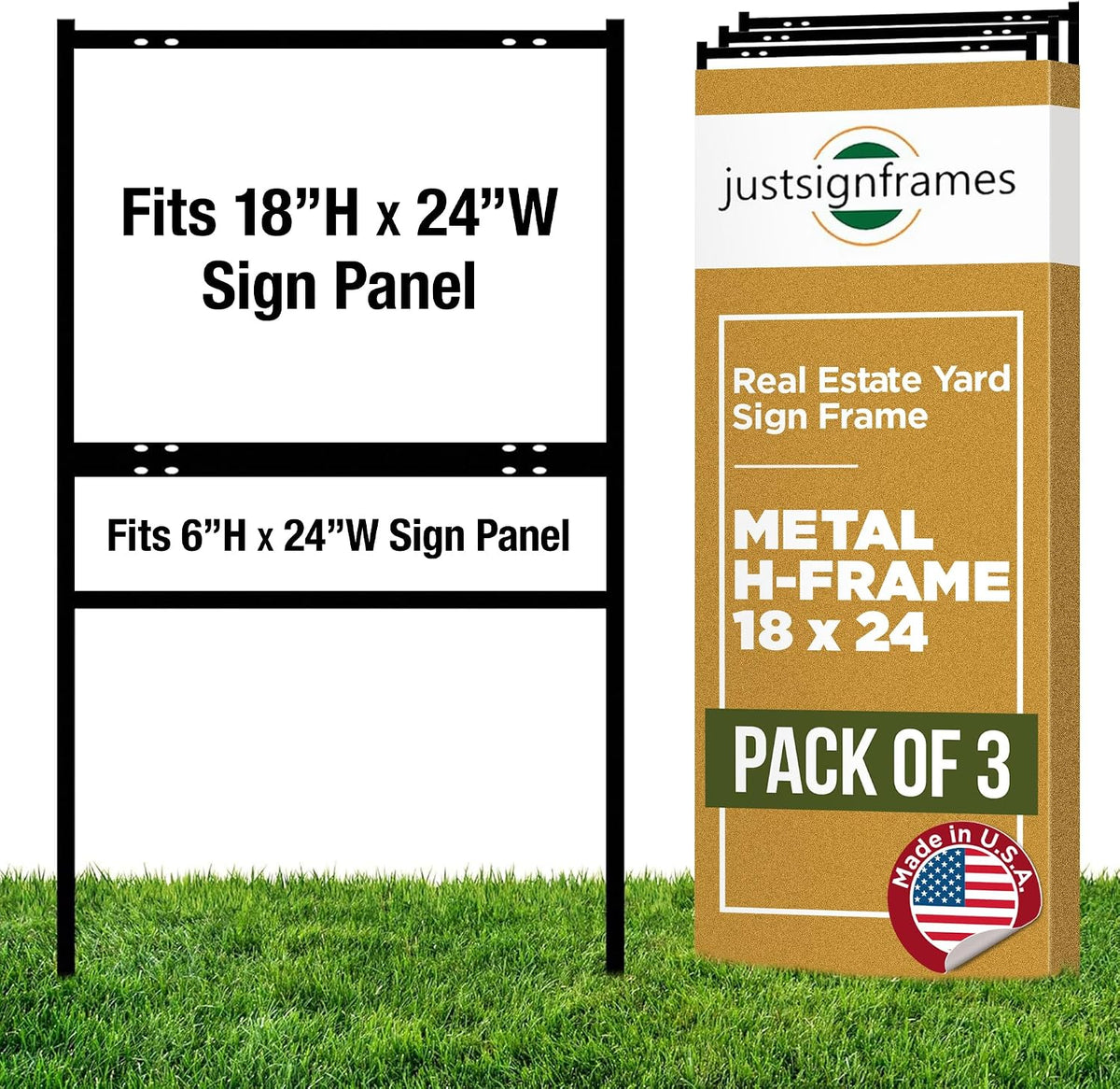 Generic Real Estate Yard Sign Metal H-Frame, 18 x 24 Slide-in with Rider, Black (Pack of 3) (C289)