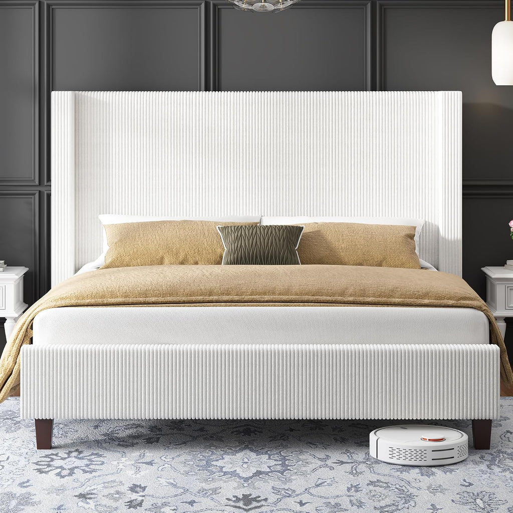 HOWE King Size Bed Frame with 50.8' Tall Wingback Headboard, Modern Corduroy Upholstered Platform Bed Frame with Solid Wood Slats & Legs, No Box Spring Needed, Noise-Reducing Design, White