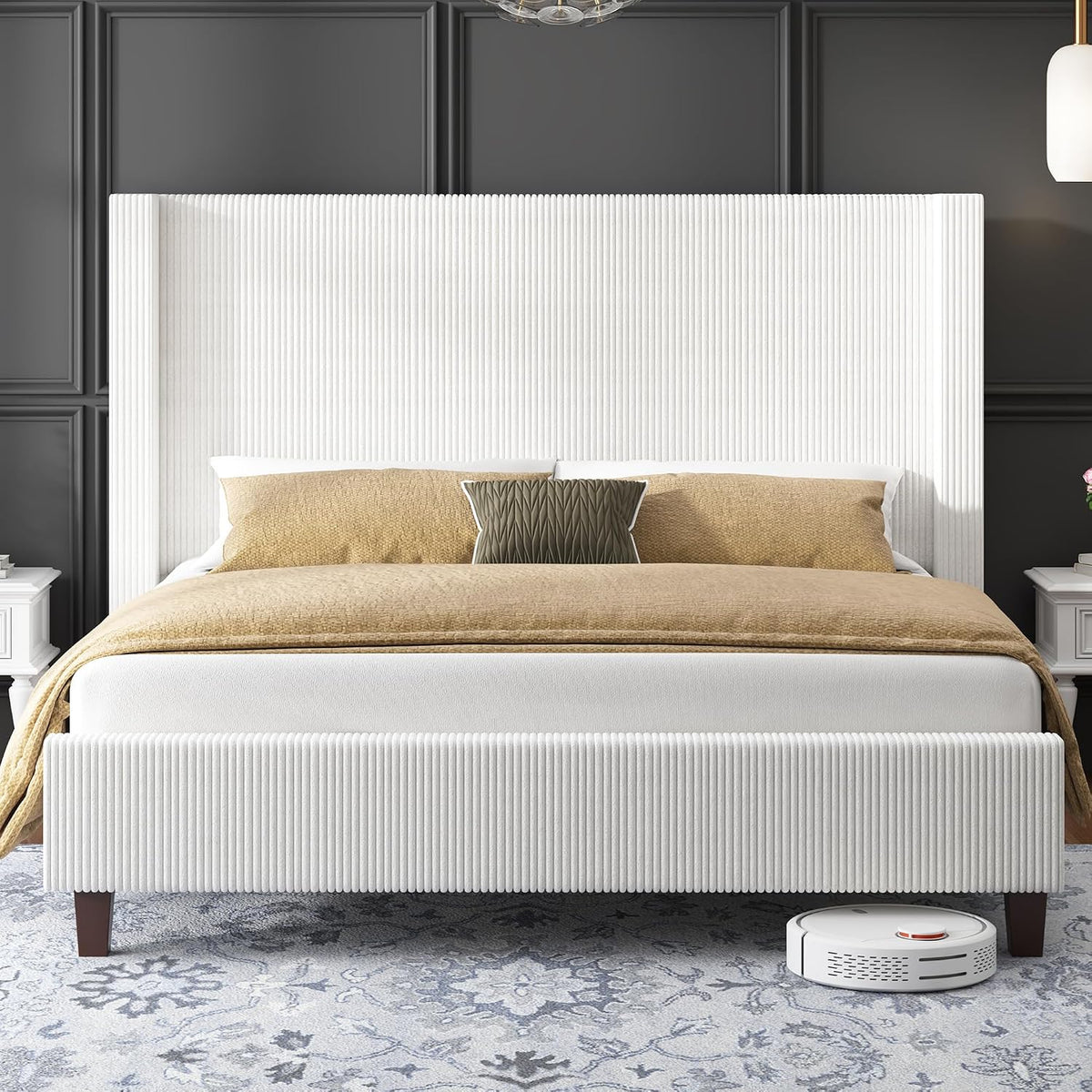 HOWE California King Size Bed Frame with 50.8' Tall Wingback Headboard, Modern Corduroy Upholstered Platform Bed Frame with Solid Wood Slats & Legs, No Box Spring Needed, Noise-Reducing Design, White