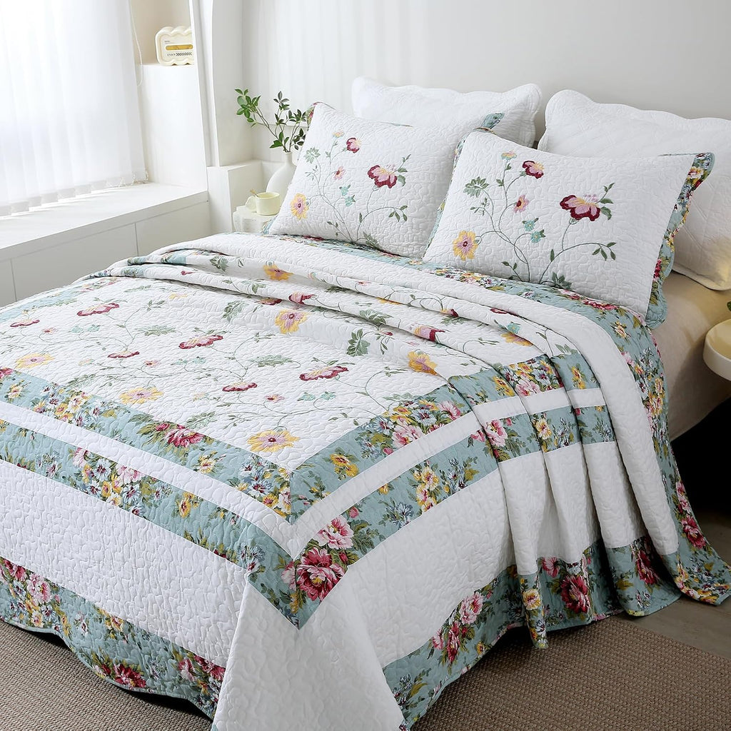 vctops 3-Piece Elegant Floral Embroidered Bedspread Coverlet Set Oversize Queen 100% Cotton Reversible Patchwork 1 Quilt and 2 Pillow Shams (Flower G,Oversize Queen)