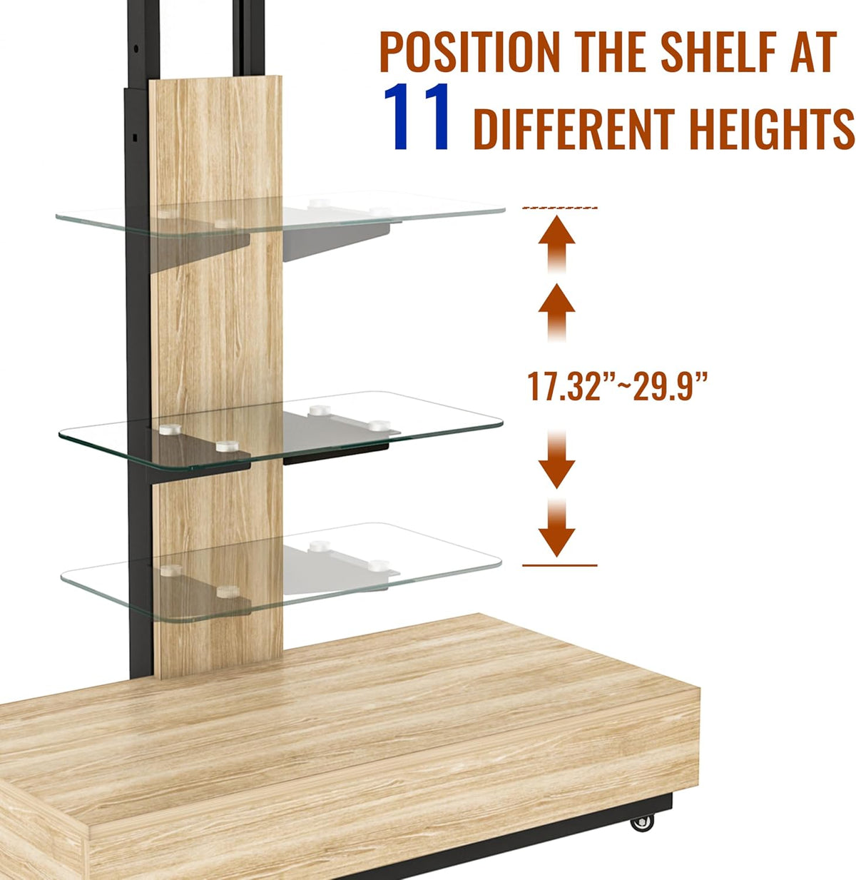 Wood and Glass TV Stand with Wheels,TV Stand with Push-Pull Drawer,Height Adjustable Mobile TV Cart for Living Room, Bedroom, Office, for 32-75 inches