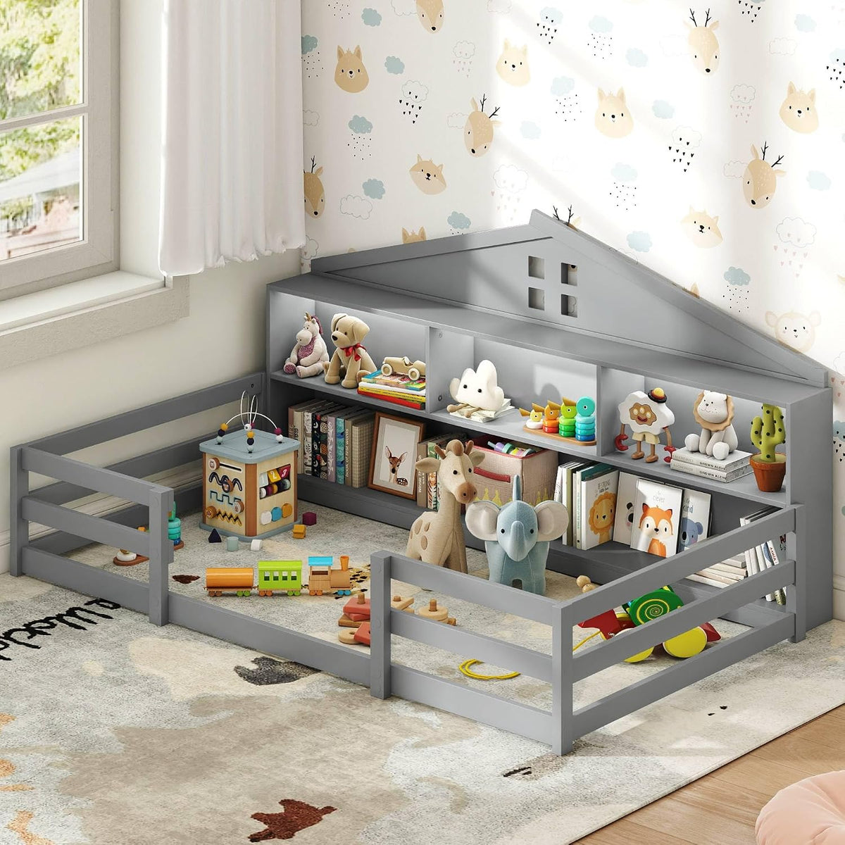 KOMFOTT Twin Floor Bed with Bookcase & LED Light, Wood Bed Frame with Bedside Bookshelves & Guardrails, Versatile 2-in-1 Montessori Floor Bed for Kids (Grey)