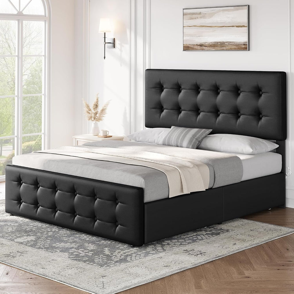 GarveeHome Full Size Bed Frame with 4 Storage Drawers and Headboard, Faux Leather Upholstered Platform Bed Frame with Wooden Slats Support, Button Tufted Design, No Box Spring Needed, Black