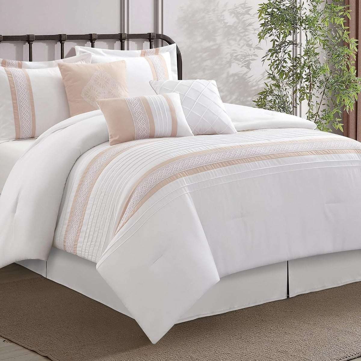 LANCO MODERN LIFESTYLE 7 Piece Comforter Set, Pink White, Queen Size, Boho Style Geometric Microfiber Embroidery, Bed in a Bag with Bedskirt, Pillow Shams and Decor Pillows