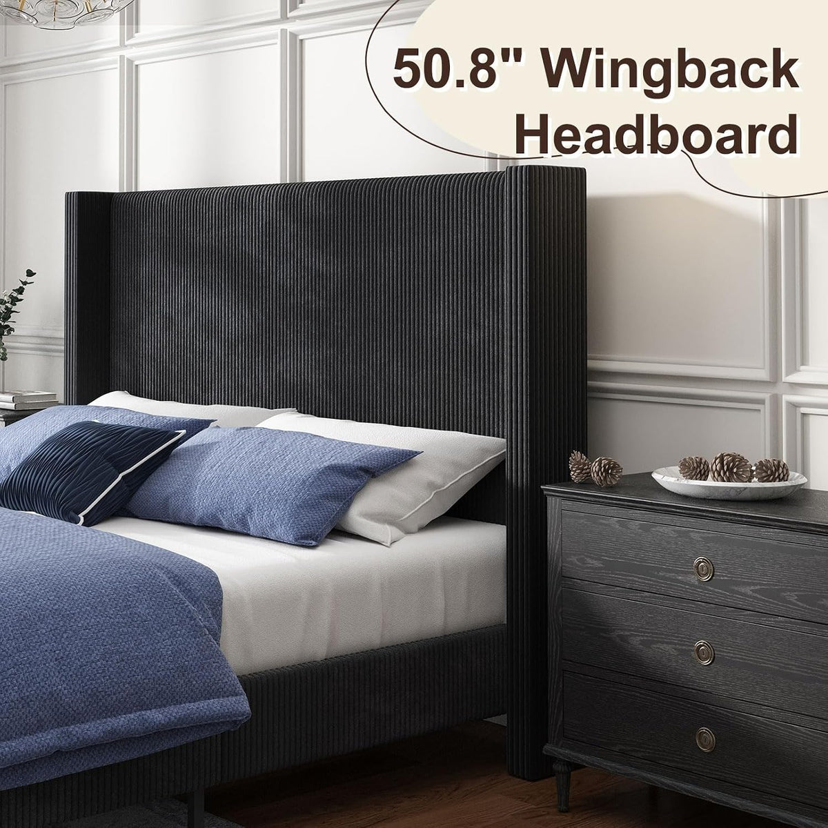 HOWE California King Bed Frame with 50.8' Tall Wingback Headboard, Modern Corduroy Upholstered Platform Bed Frame with Solid Wood Slats & Legs, No Box Spring Needed, Noise-Reducing Design, Black