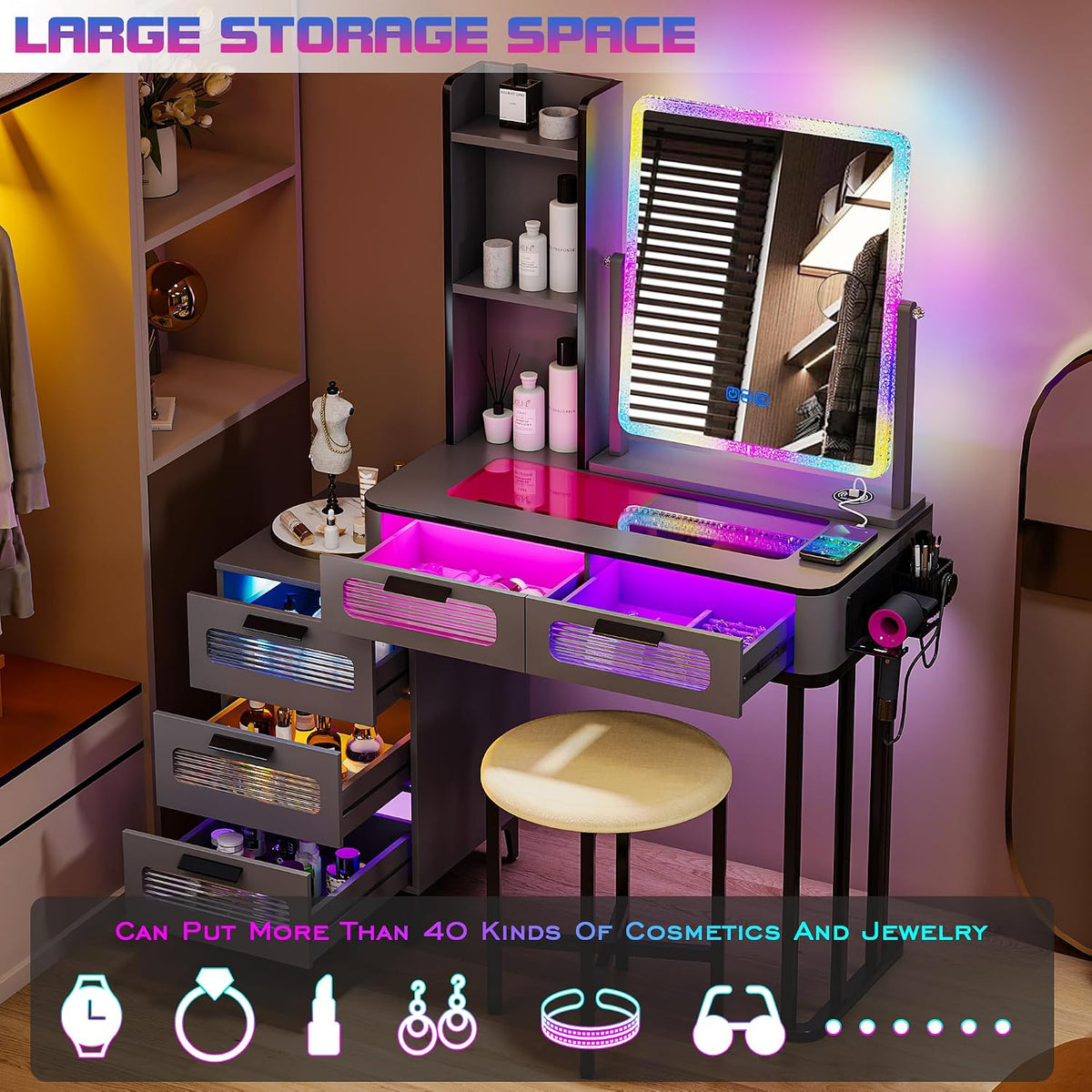 Gurexl RGB Makeup Vanity Desk with Mirror and Lights, Modern Vanity Set with Chair, LED Dressing Table with 6 Drawers and Charing Station for Bedroom, Gift for Girls