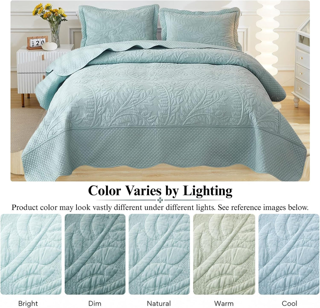 MarCielo 100% Cotton Quilt Set - 3-Piece Embroidered Farmhouse Bedspread & Shams, All-Season Breathable Bedding(Aruba Blue,King)