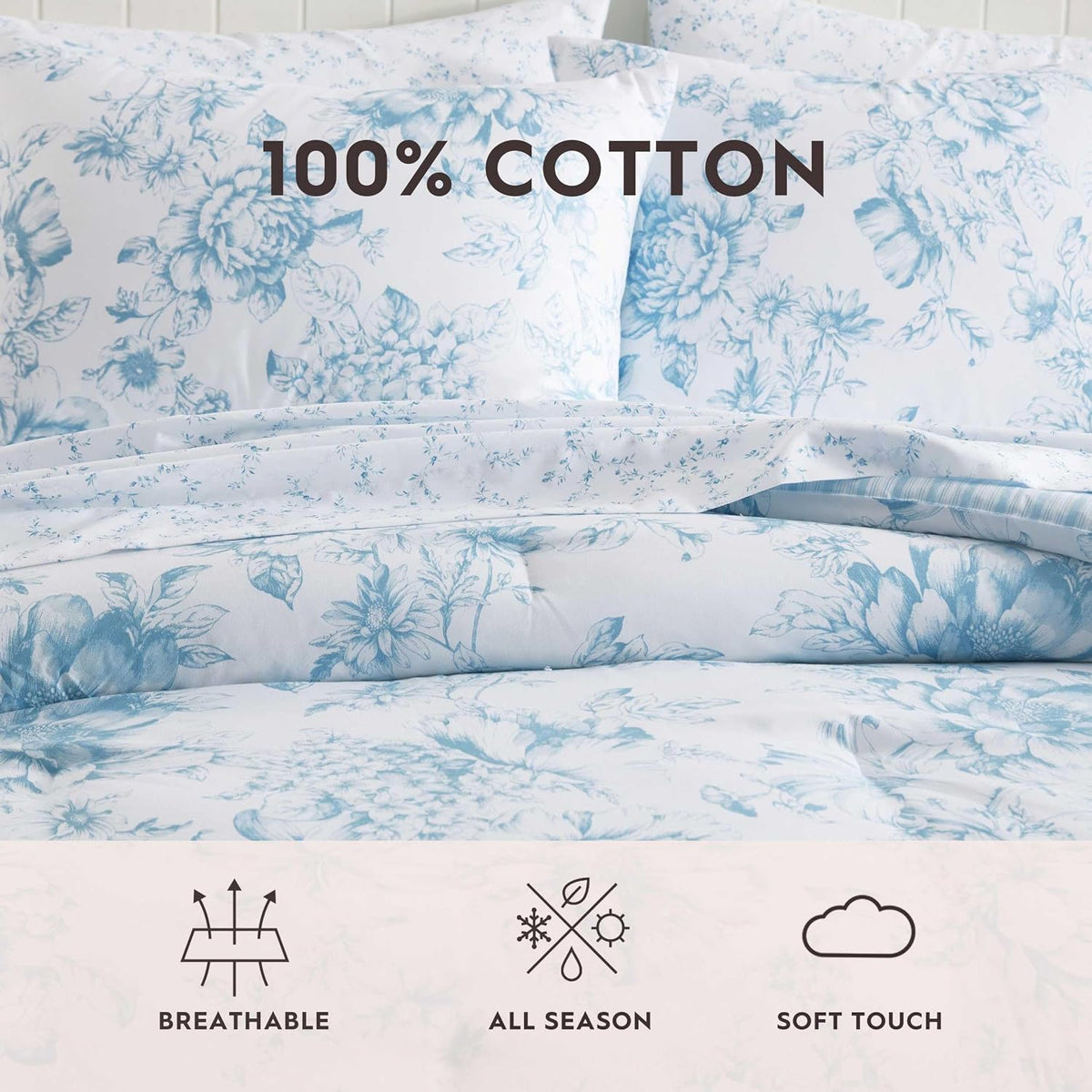 Laura Ashley - Twin Comforter Set, Soft & Reversible Floral Bedding with Bonus Bed Sheets & Pillowcases, 5 Piece Bed Set for Year Round Comfort (Delphine Saras/Sprig Blue)