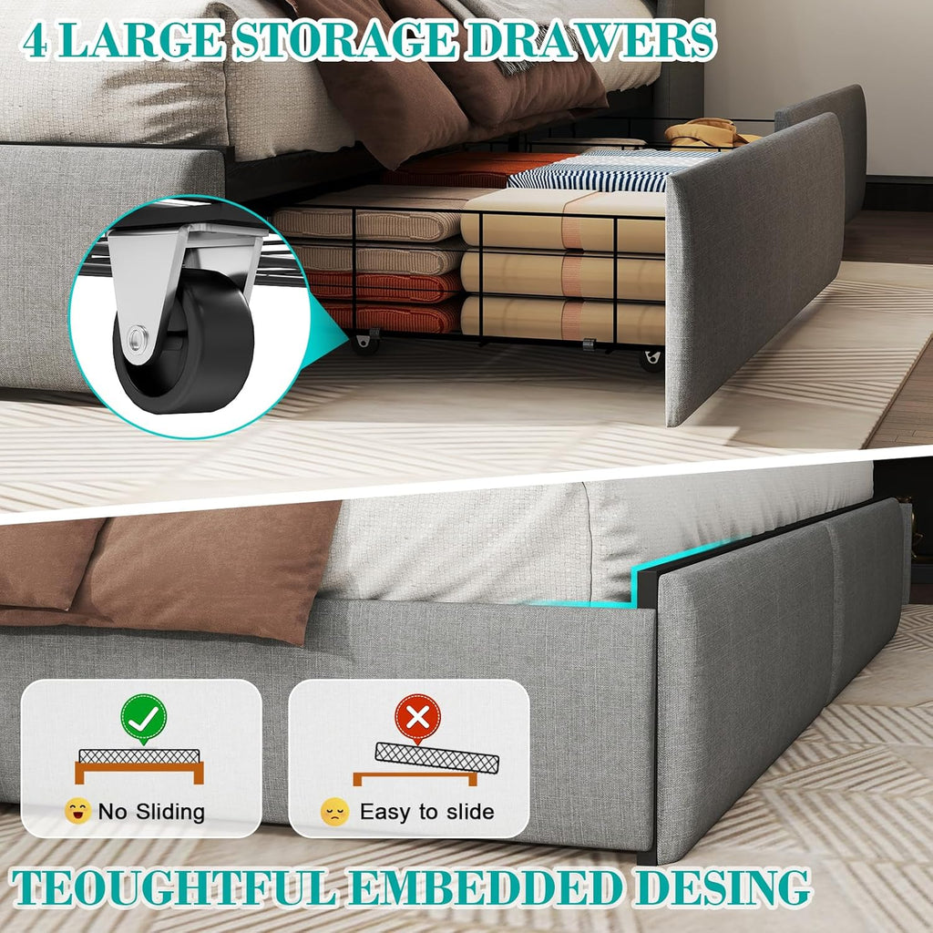 Doltoro King Size Bed Frame with 4 Storage Drawers and Headboard, Upholstered King Platform Bed with Charging Station and LED Lights, Noise-Free, No Box Spring Needed, Easy Assembly, Gray