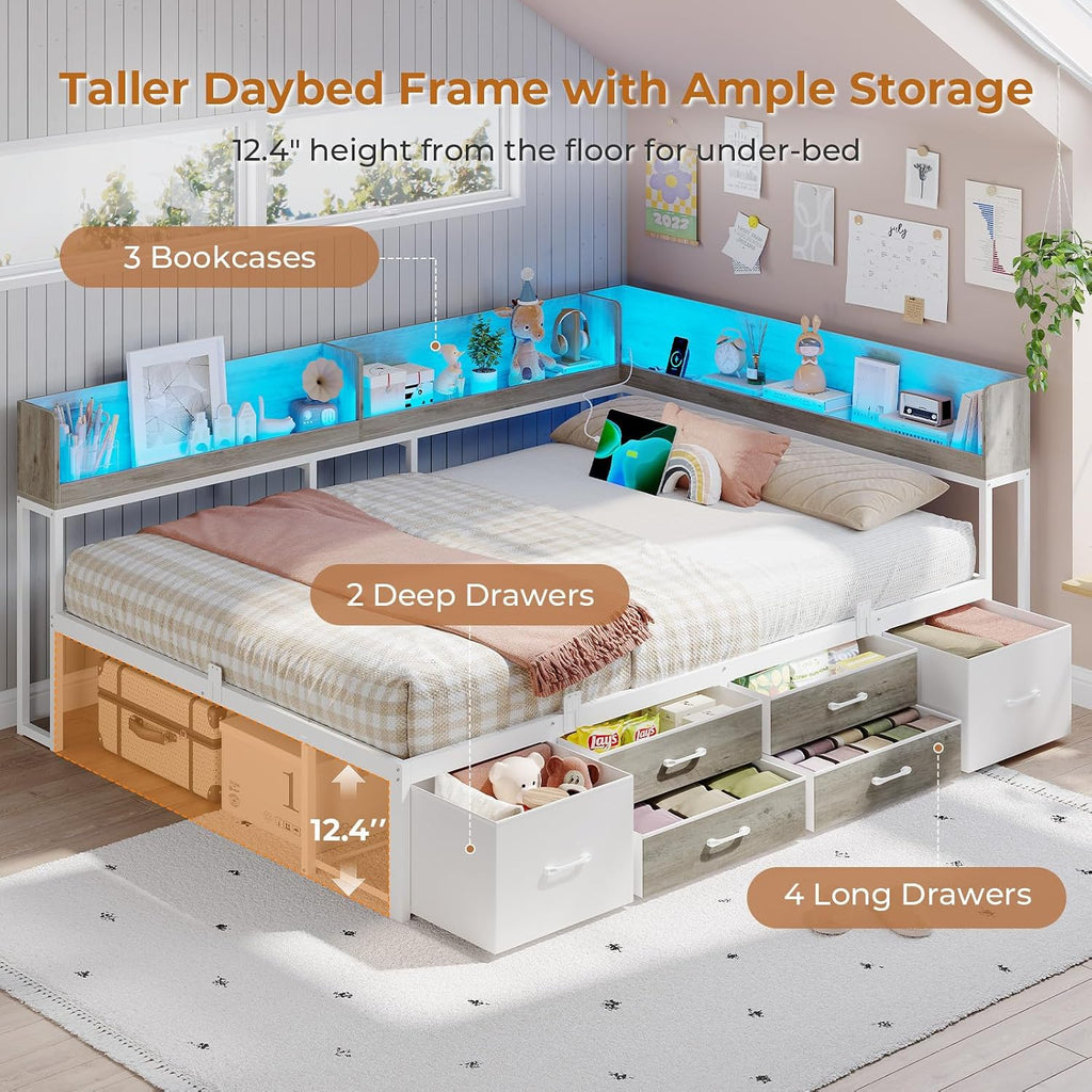 VIAGDO Corner Bed Frame Full with Storage Bookcase and 6 Drawers, Metal Platform Corner Bed Frame with LED Lights and Charging Station, Full Daybed for Kids Teenagers, White & Grey