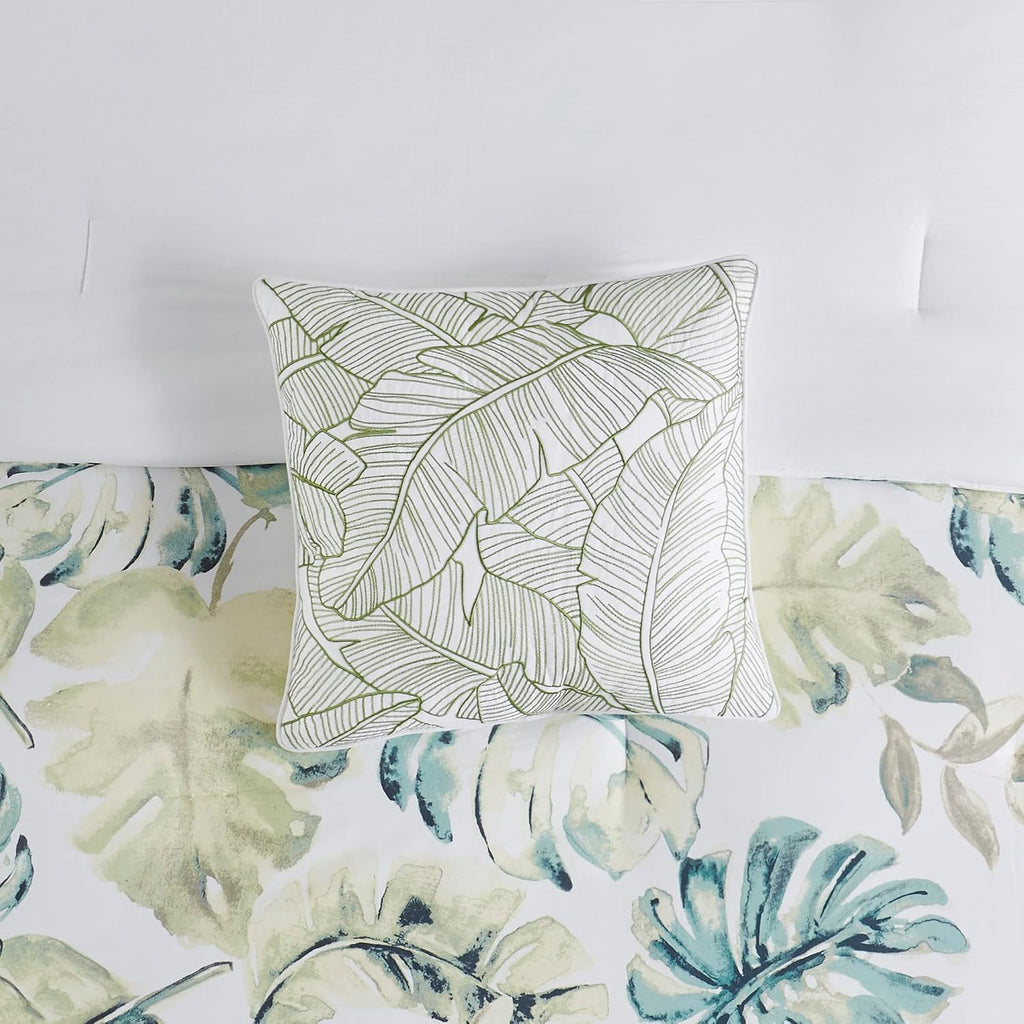 Harbor House Cozy Cotton Comforter Set - Coastal, All Season Down Alternative Casual Bedding with Matching Shams, Decorative Pillows, Lorelai, Monstera Leaf Green Queen(92'x96') 6 Piece